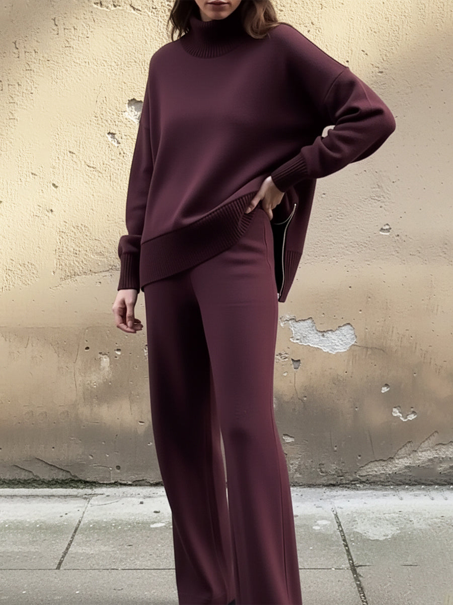 Casual Travel Stand Collar Side Zipper Top Straight Pants Two-Piece Set