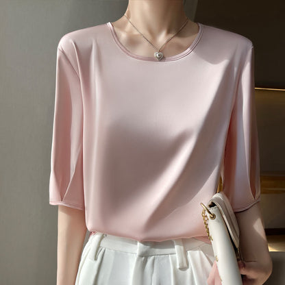 Luxury Acetate Silk-Satin Round Neck Blouse with Half Sleeves