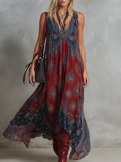 Robe longue sans manches en mousseline de soie à imprimé bohème ethnique rétro