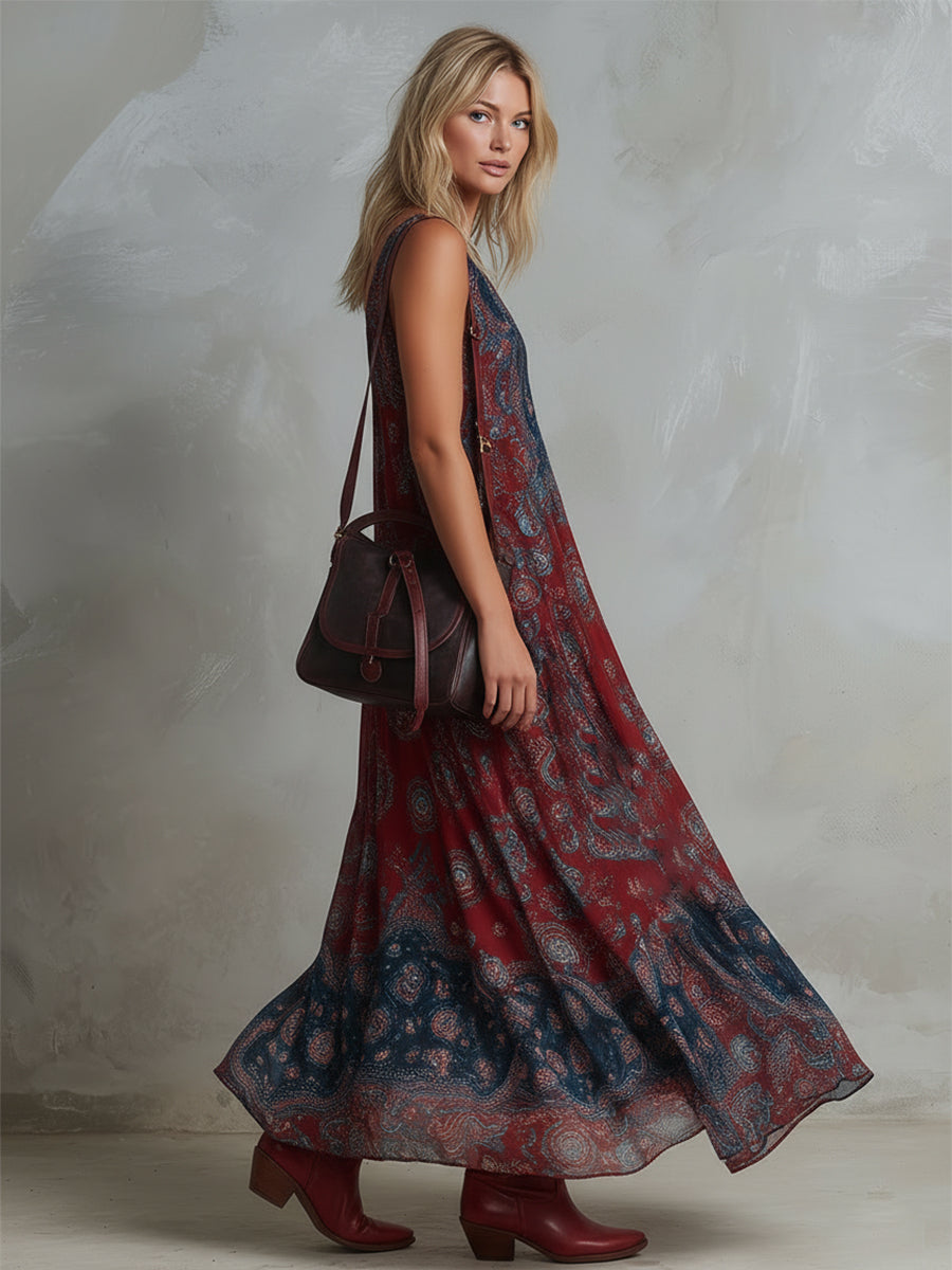 Robe longue sans manches en mousseline de soie à imprimé bohème ethnique rétro
