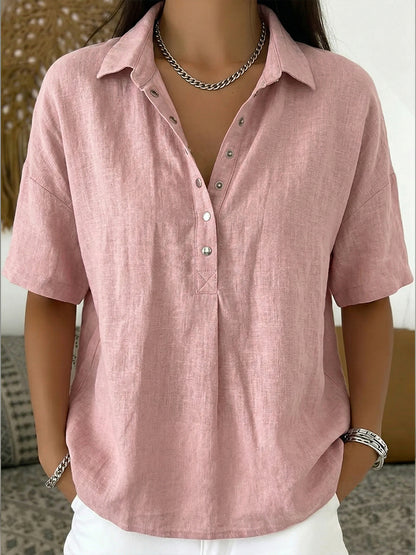 Vintage-Inspired Cotton-Linen Polo Shirt - Soft Textured Casual Top