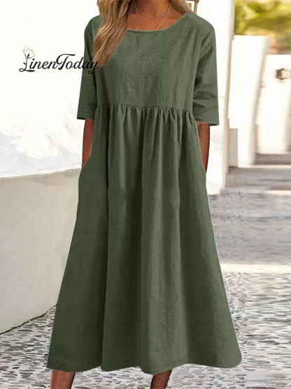 Robe décontractée ample en coton et lin de couleur unie avec manches 3/4