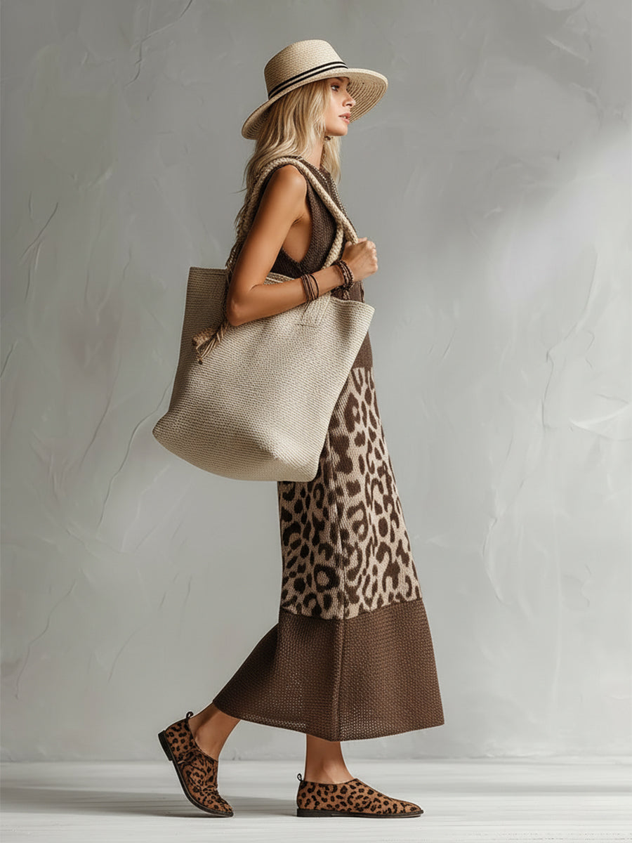 Robe longue sans manches en maille respirante à imprimé léopard marron élégant