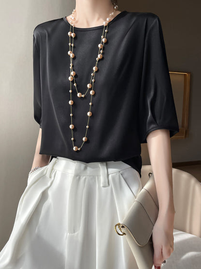 Luxury Acetate Silk-Satin Round Neck Blouse with Half Sleeves