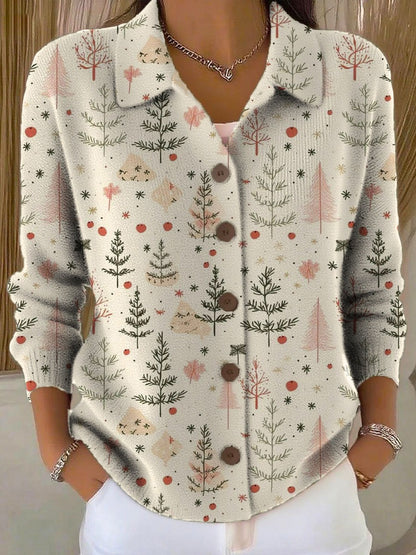 Women's Christmas Tree Art Print Buttoned Cardigan Sweater