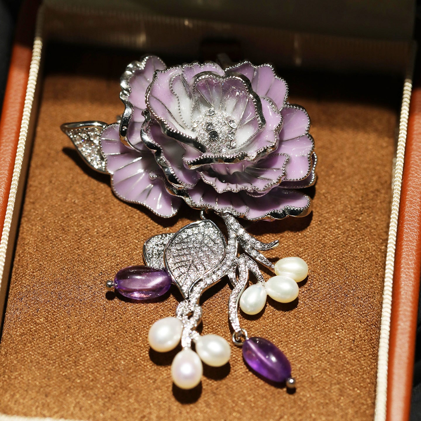 vintage purple rose brooch pendant with natural pearl and amethyst pin best women gift