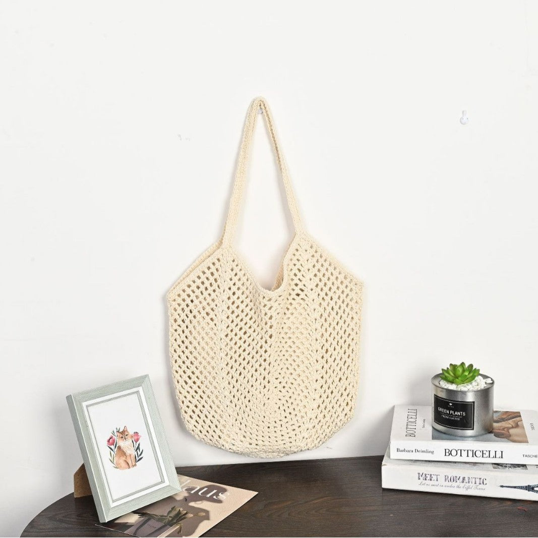 Bohemian Crochet Hollow-Out Straw Beach Tote Bag - Vintage Woven Mesh Shoulder Purse with Inner Pouch