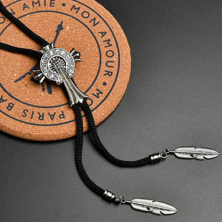Sanskrit cross cowboy bolo tie, feather pendant men's necktie
