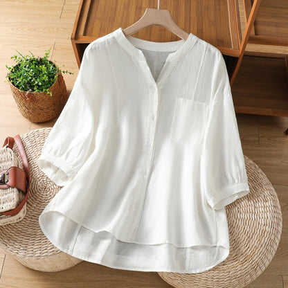 Casual Loose-Fit Half Sleeve Button-Down | Breathable Linen-Blend Top with Pocket