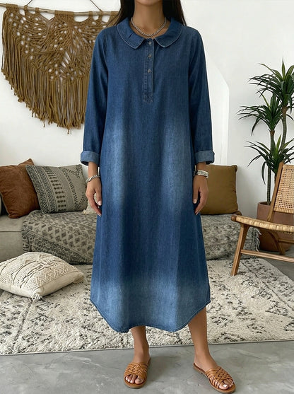 Vintage Washed Denim Polo Dress for Women - Chic Long Sleeve Button Pullover Gown