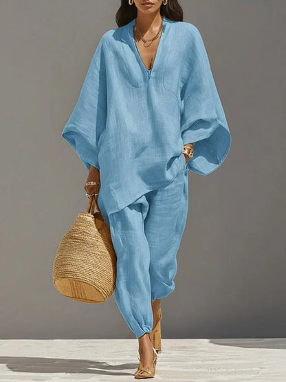 Women's Linen Two Piece Outfits – Loose Oversized V-Neck Tunic Top and Jogger Pants Set, Summer Vacation Boho Co-ord Set