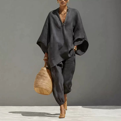 Women's Linen Two Piece Outfits – Loose Oversized V-Neck Tunic Top and Jogger Pants Set, Summer Vacation Boho Co-ord Set