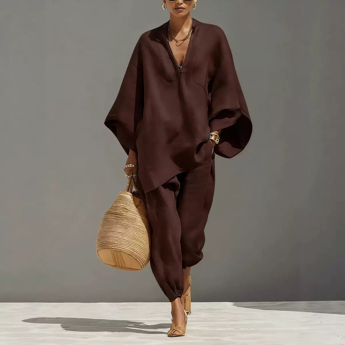 Women's Linen Two Piece Outfits – Loose Oversized V-Neck Tunic Top and Jogger Pants Set, Summer Vacation Boho Co-ord Set