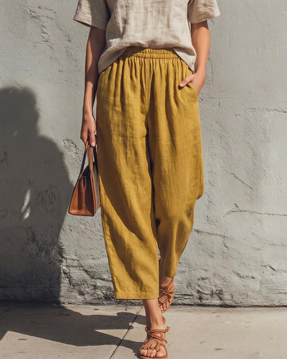 High-Waisted Smocked Elastic Waist Pants | Breathable Linen-Blend Lantern Trousers