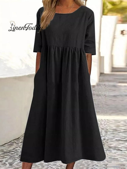 Robe décontractée ample en coton et lin de couleur unie avec manches 3/4