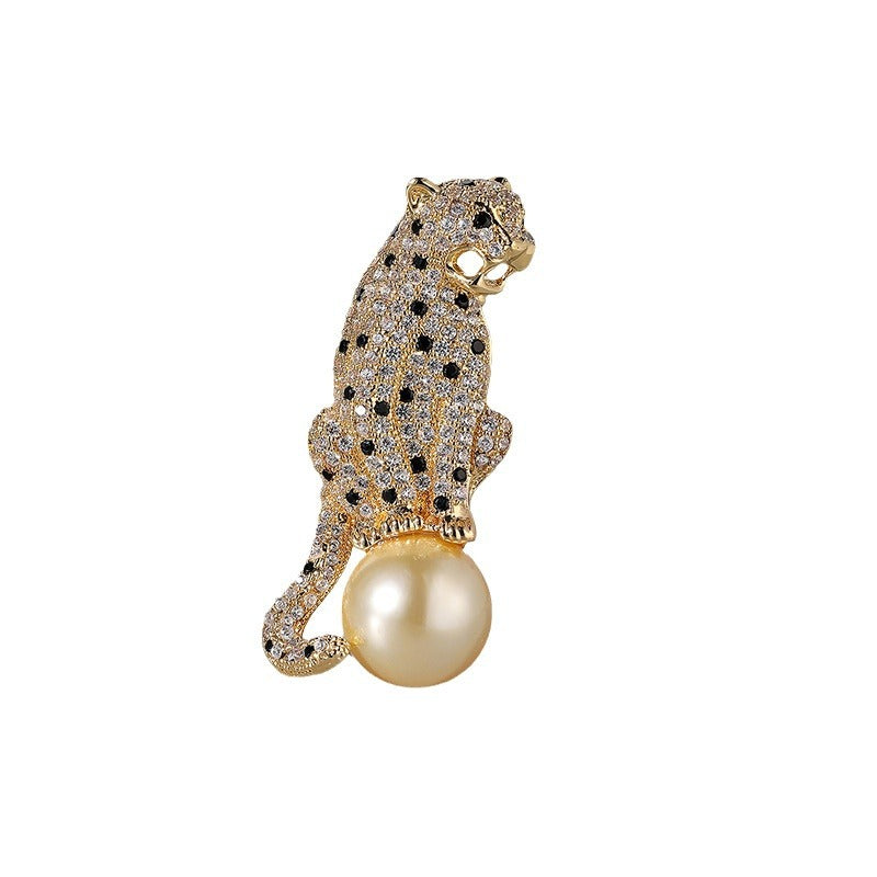 Vintage leopard zircon brooch with mother pearls, women's pin pendant jewelry gift.