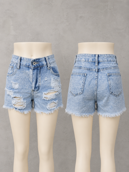 Women's Washed Denim Distressed High-Waist Straight-Leg Office Shorts