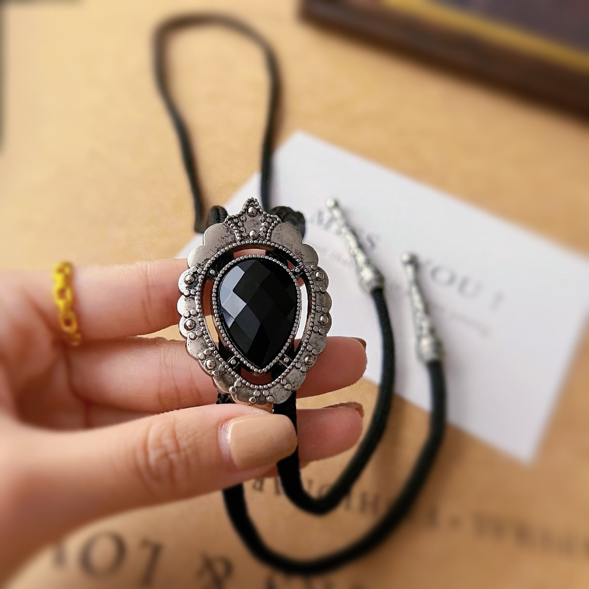Retro teardrop-shaped obsidian bolo ties, Western cowboy bolo tie