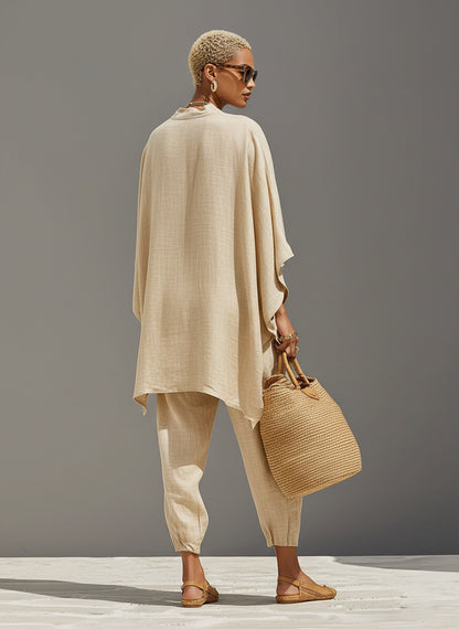 Women's Linen Two Piece Outfits – Loose Oversized V-Neck Tunic Top and Jogger Pants Set, Summer Vacation Boho Co-ord Set
