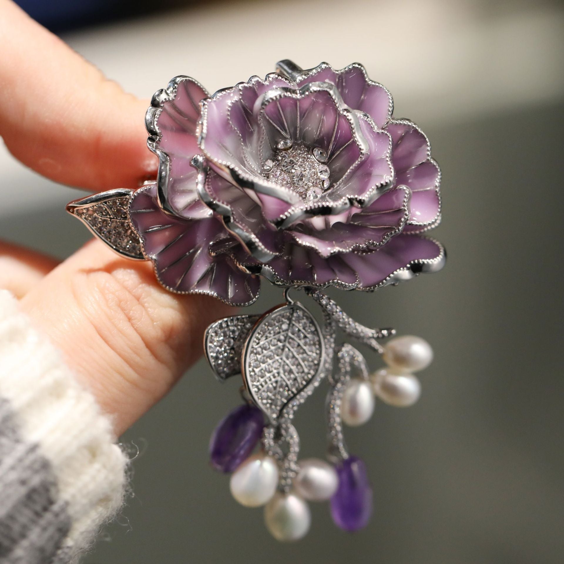 vintage purple rose brooch pendant with natural pearl and amethyst pin best women gift