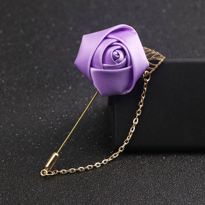 Handmade silk rose lapel pins with chain, men's wedding brooches pins, best man boutonnieres.