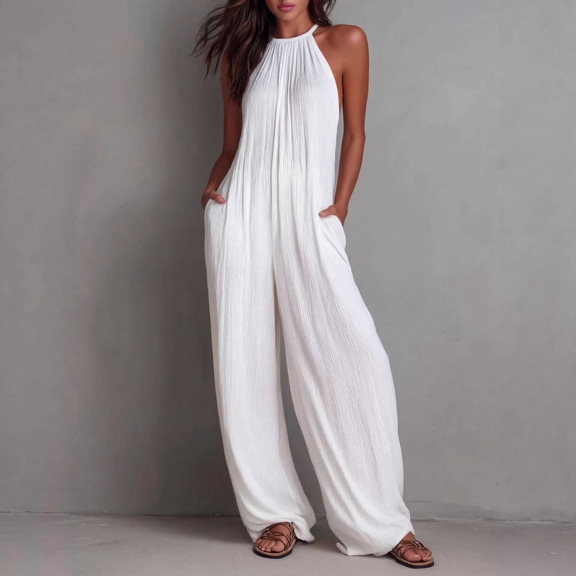 Combinaison plissée à col montant pour femme – Combishort long sans manches à jambes larges avec poches, Tenues décontractées d'été pour les vacances à la plage