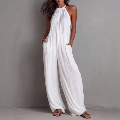Women's Halter Neck Pleated Jumpsuit – Sleeveless Wide Leg Long Romper with Pockets, Casual Summer Beach Vacation Outfits