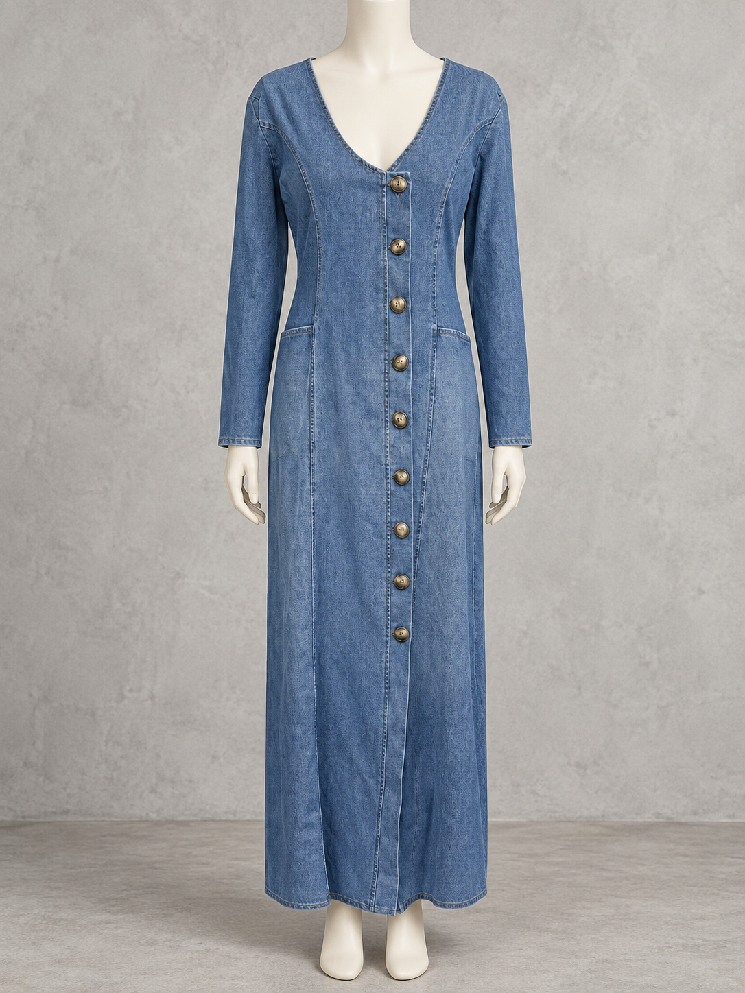 Women's Denim Solid-Color V-Neck Slim-Fit Long-Sleeve Washed Skirt