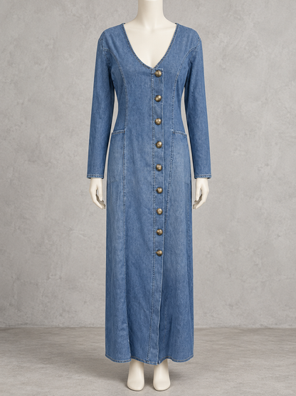 Women's Denim Solid-Color V-Neck Slim-Fit Long-Sleeve Washed Skirt