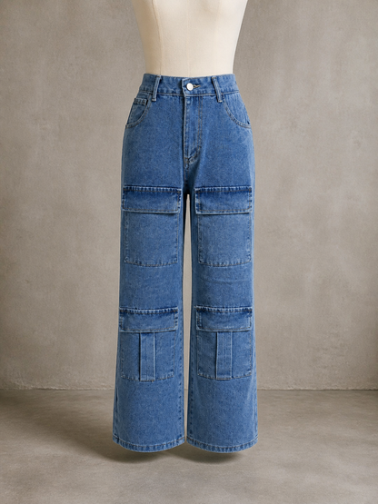 Women's Washed Denim Wide-Leg Pocket Jeans