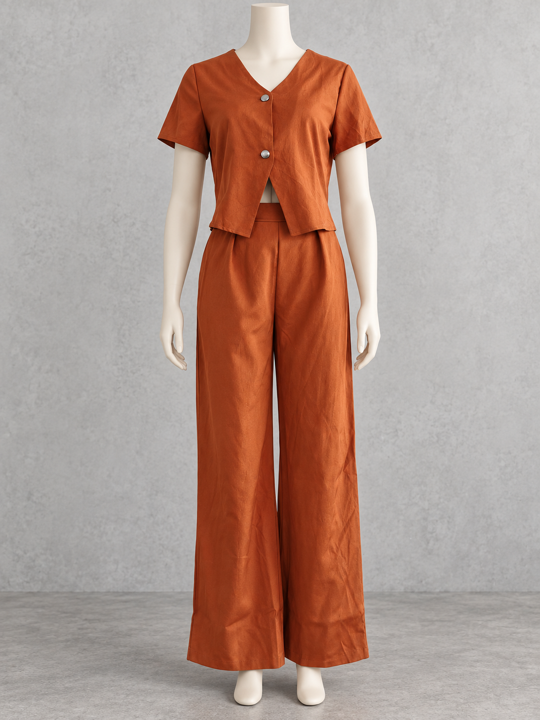 Solid-Color V-Neck Button-Front Asymmetric Short-Sleeve Pocket Top & Pants Set