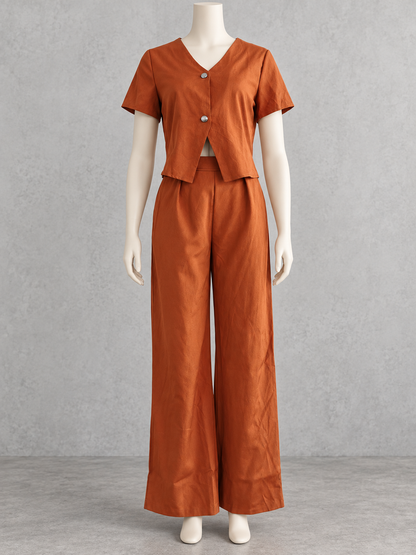 Solid-Color V-Neck Button-Front Asymmetric Short-Sleeve Pocket Top & Pants Set