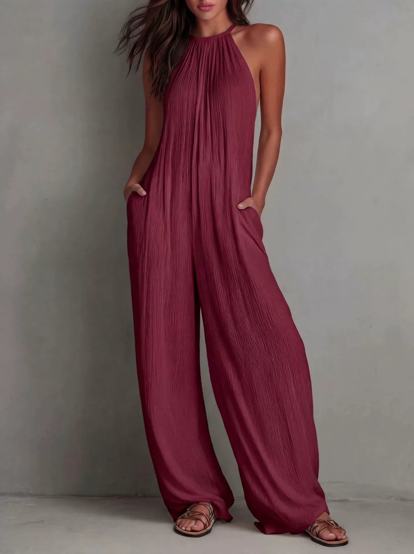 Combinaison plissée à col montant pour femme – Combishort long sans manches à jambes larges avec poches, Tenues décontractées d'été pour les vacances à la plage