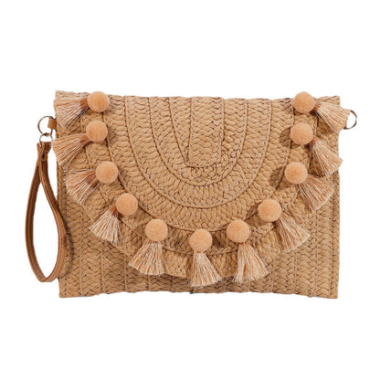 Bohemian Straw Envelope Clutch Bag - Vintage Woven Crossbody Purse with Tassels & Pom Poms for Women