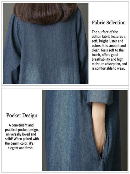 Vintage Washed Denim Polo Dress for Women - Chic Long Sleeve Button Pullover Gown
