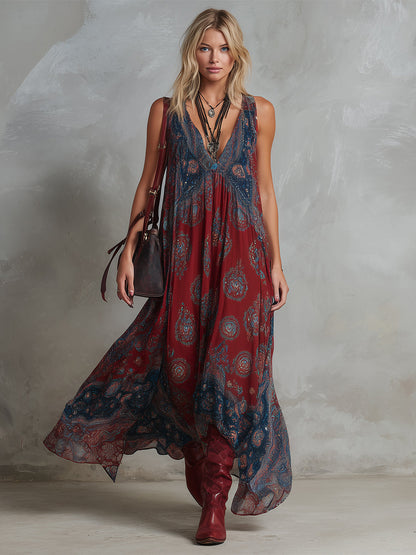 Robe longue sans manches en mousseline de soie à imprimé bohème ethnique rétro