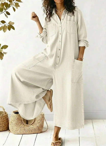 Women's Cozy And Casual Denim Jumpsuit With Large Front Pockets