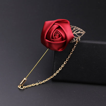 Handmade silk rose lapel pins with chain, men's wedding brooches pins, best man boutonnieres.