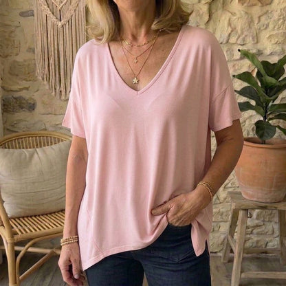 T-shirt ample en modal pour femme - Tunique décontractée à col en V profond