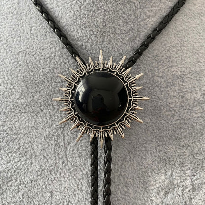 Black Onyx Sun Pattern Bola BOLO Tie - Necklace Wedding for Men Women Groomsmen Bridegroom - Western Cowboy Necktie