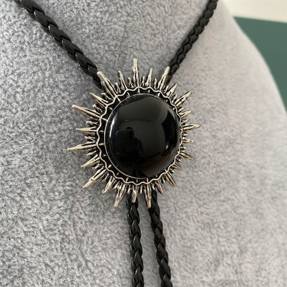 Black Onyx Sun Pattern Bola BOLO Tie - Necklace Wedding for Men Women Groomsmen Bridegroom - Western Cowboy Necktie