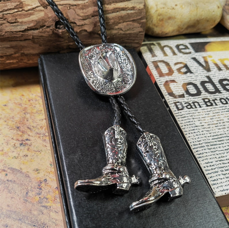 Cowboys Hat Mens Groomsmen Bridegroom Bola Bolo Tie Western Wedding Necklace - Boots Pendents Necktie