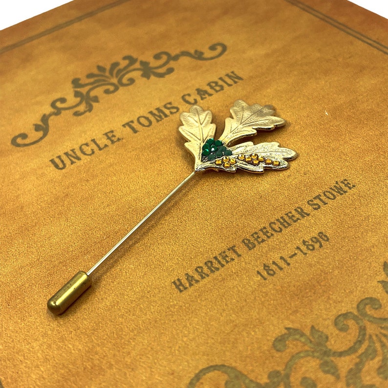 Gold Leaf Lapel Pin – Handmade Green Amber Crystal Suit Accessory