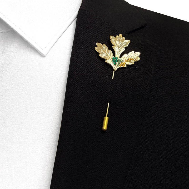 Gold Leaf Lapel Pin – Handmade Green Amber Crystal Suit Accessory