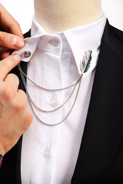 Feather Silver / Gold Shirt Collar Chain Brooch, Collar Clip, Aigrette Collar Pin, Lapel Pin