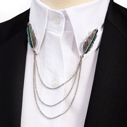 Feather Silver / Gold Shirt Collar Chain Brooch, Collar Clip, Aigrette Collar Pin, Lapel Pin