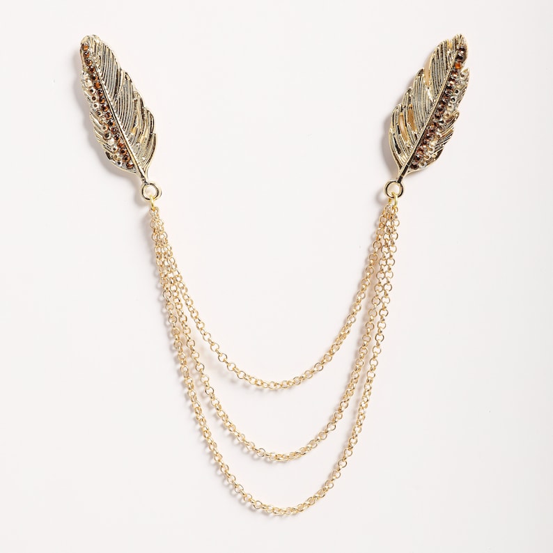 Feather Silver / Gold Shirt Collar Chain Brooch, Collar Clip, Aigrette Collar Pin, Lapel Pin