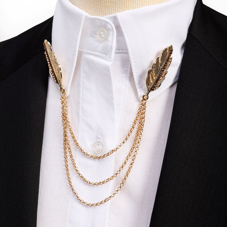 Feather Silver / Gold Shirt Collar Chain Brooch, Collar Clip, Aigrette Collar Pin, Lapel Pin