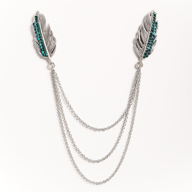 Feather Silver / Gold Shirt Collar Chain Brooch, Collar Clip, Aigrette Collar Pin, Lapel Pin