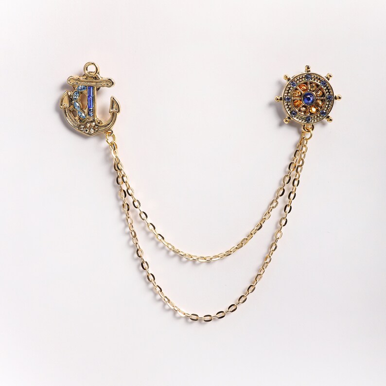 Gold Anchor Rudder Shirt Collar Chain Brooch, Collar Clip, Collar Pin, Lapel Pin, Shirt Pin